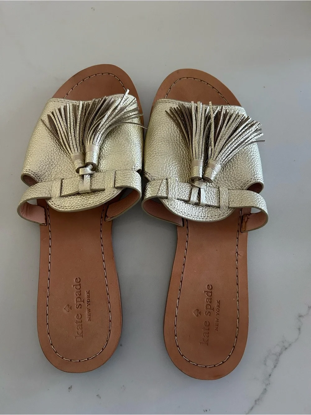 kate spade Gold Leather Tassel Slide Mules